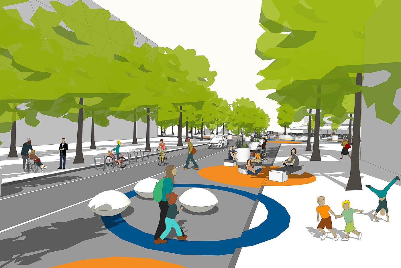 Barcelona 2 (Grafik von Timm Schwendy) Grafik zeigt verkehrsberuhigtes Wohnviertel, Fußgänger auf einer Fahrbahn, eine weitere Fahrbahn wird von einem Auto benutzt